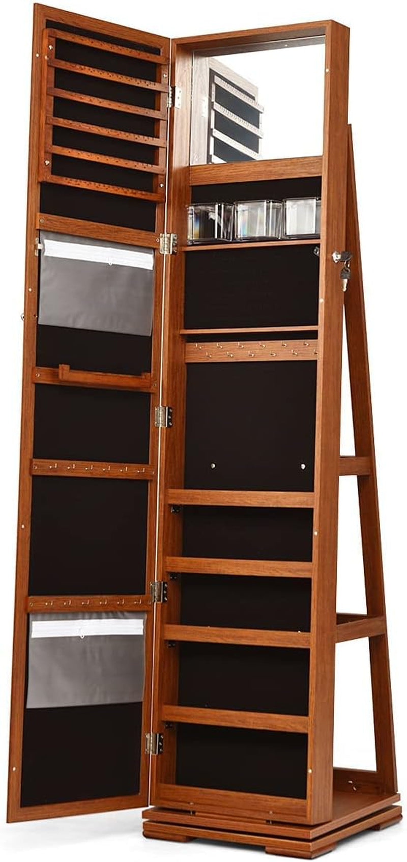 "Swivel Jewelry Armoire with Full Length Mirror and Lockable Cabinet - Walnut Finish"