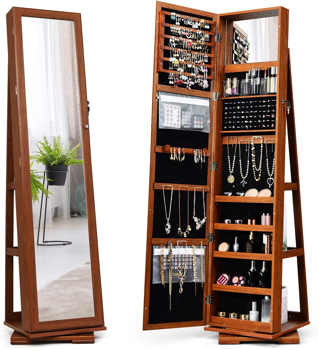 "Swivel Jewelry Armoire with Full Length Mirror and Lockable Cabinet - Walnut Finish"