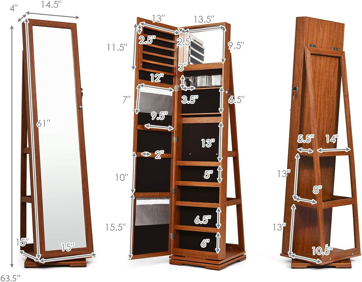 "Swivel Jewelry Armoire with Full Length Mirror and Lockable Cabinet - Walnut Finish"